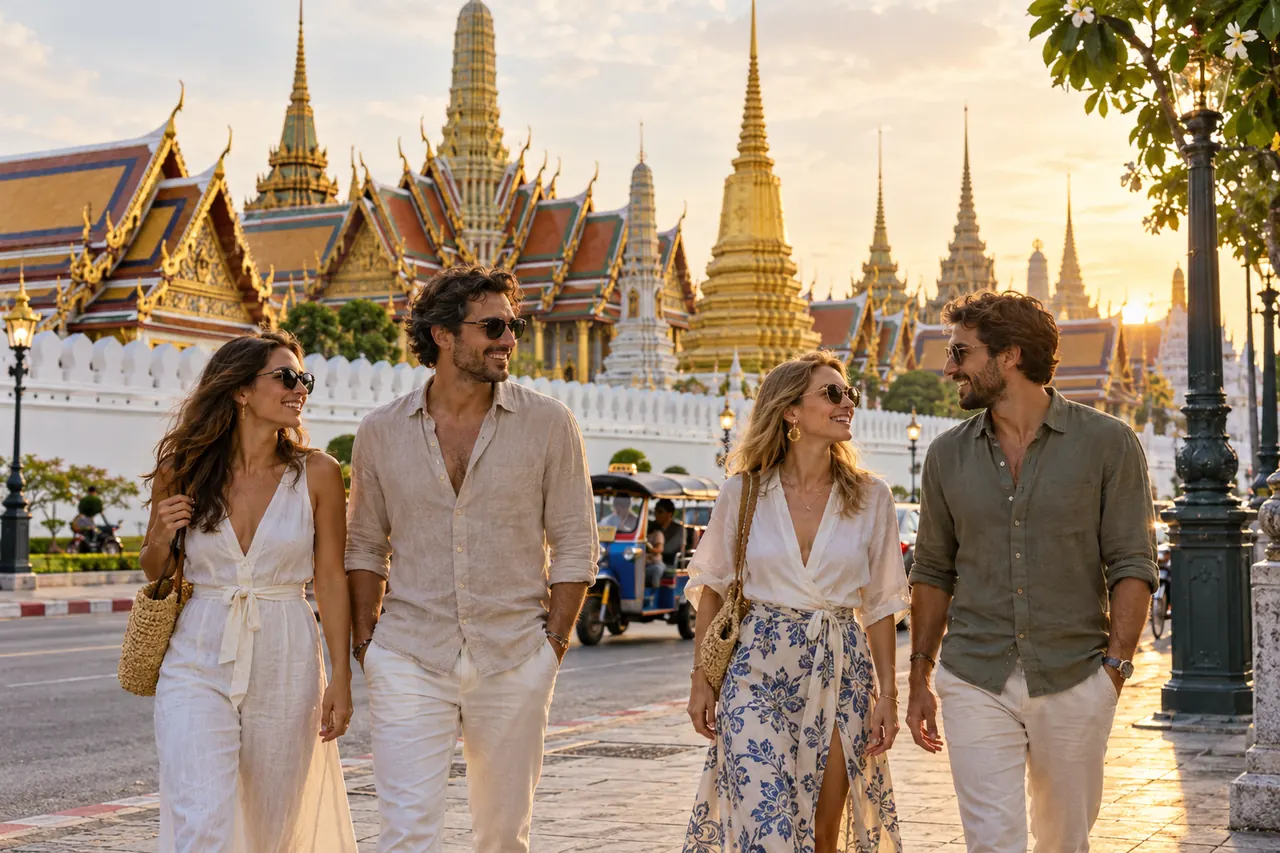Two tourist couples walking near the Grand Palace in Bangkok