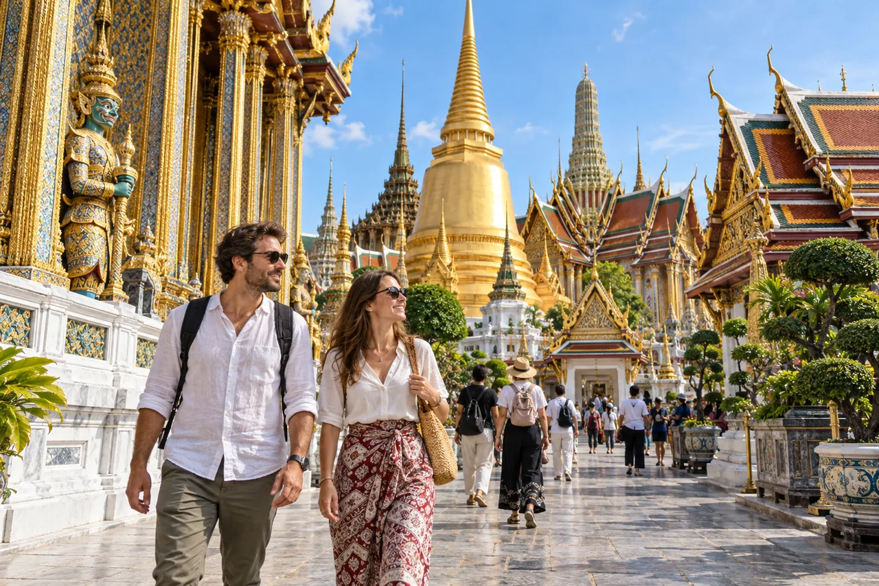 Travelers at the Grand Palace precinct in Bangkok