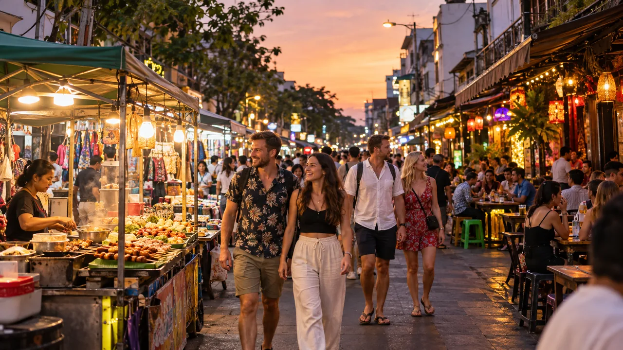 Tourists walking near Khao San Road at dusk