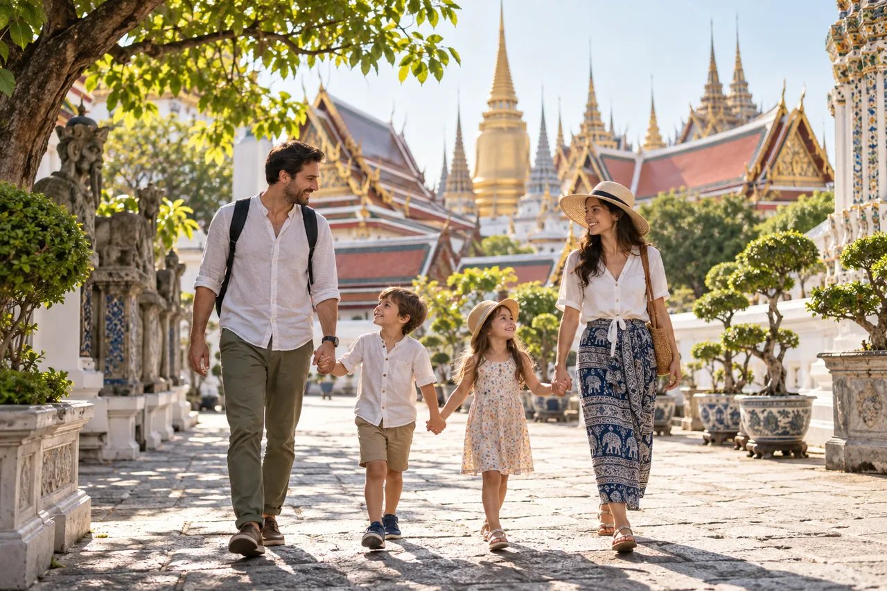 Family touring the Grand Palace precinct in Bangkok
