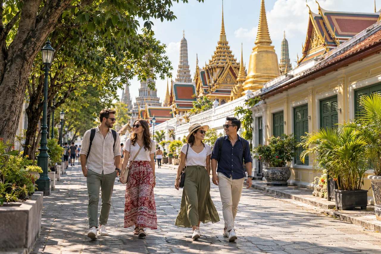 Tourists walking through Rattanakosin Old Town near Bangkok temples