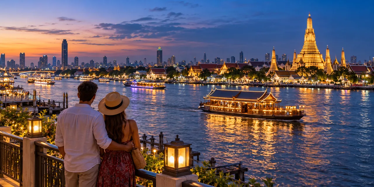 Tourist couple watching the Chao Phraya River at twilight
