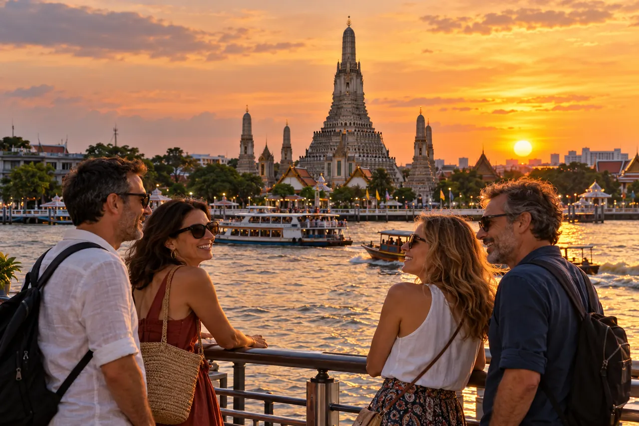 Two tourist couples by the Chao Phraya River with Wat Arun at sunset