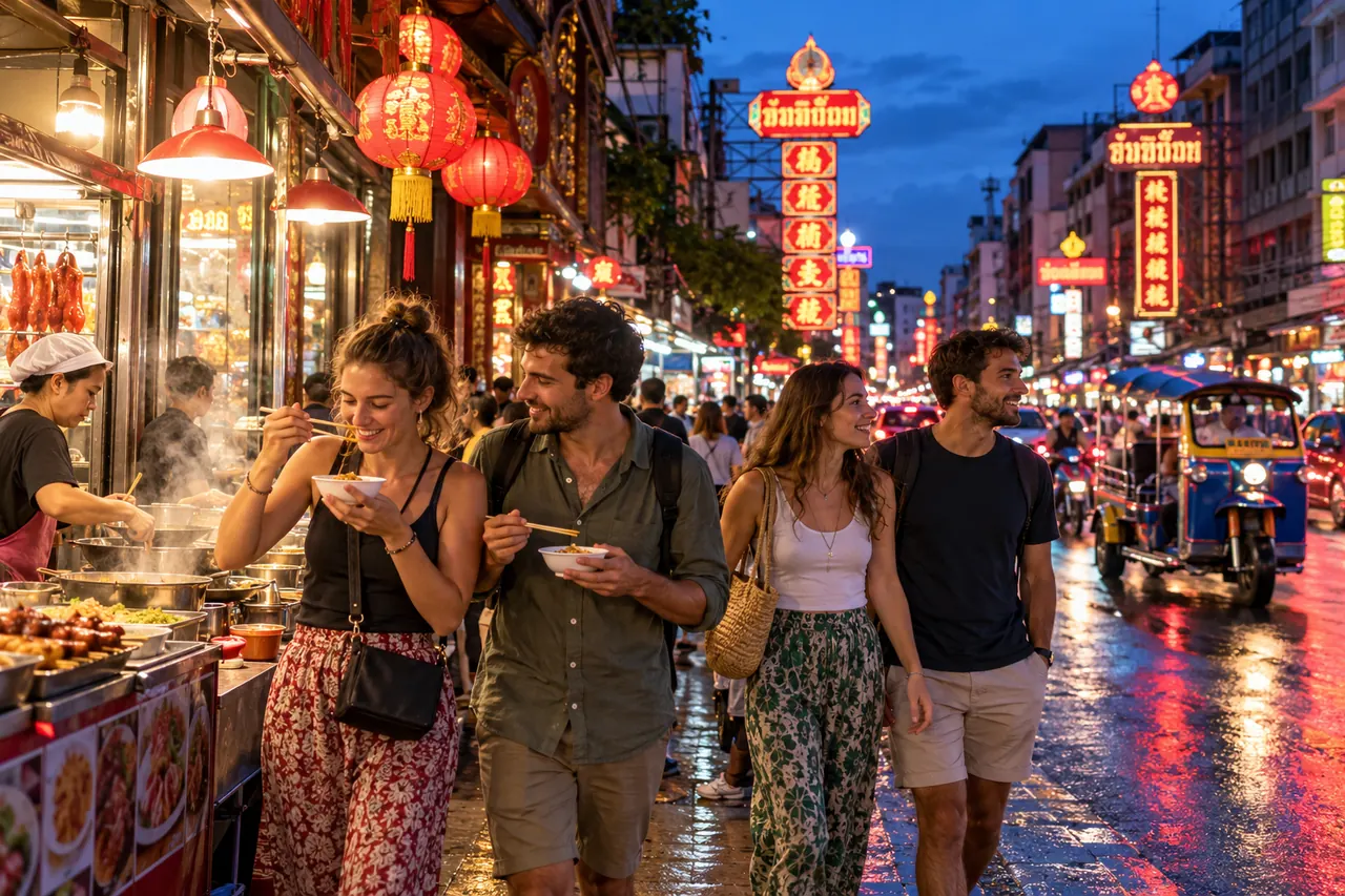 Two tourist couples enjoying food in Yaowarat Chinatown at dusk