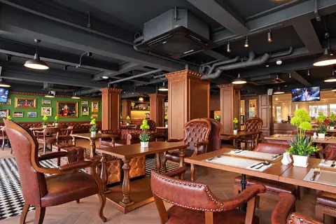 Restaurant dining tables and leather seating